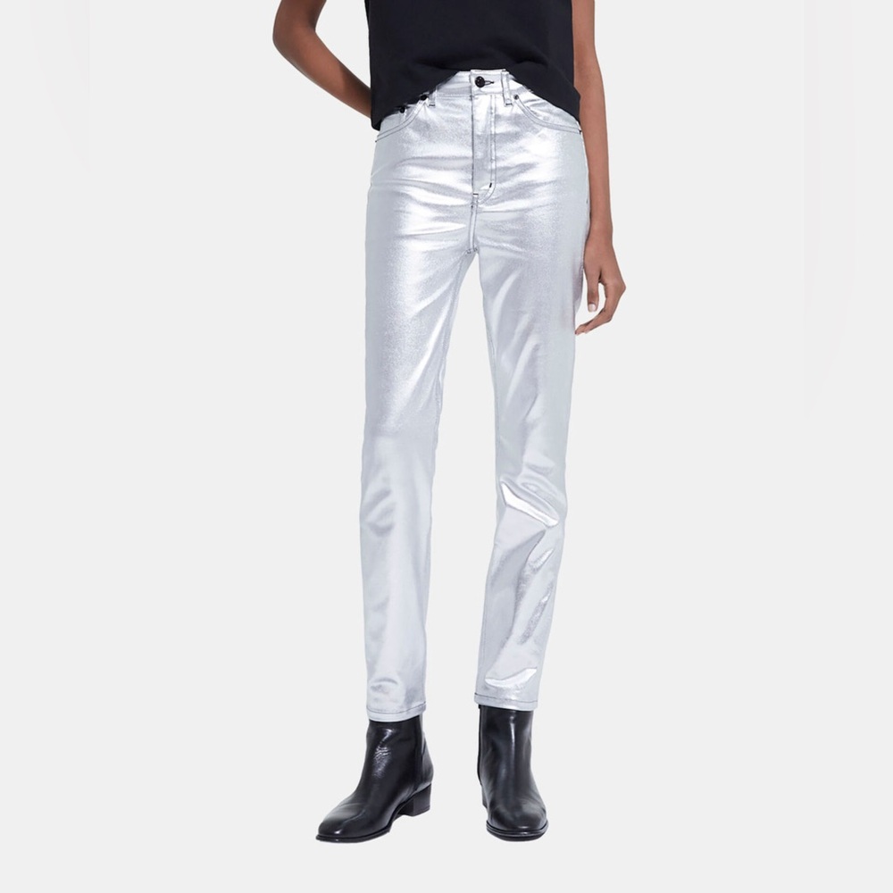 The Kooples Silver Slim Jeans 28 Futuristic Glam Rock Y2K Metallic Holiday Pants